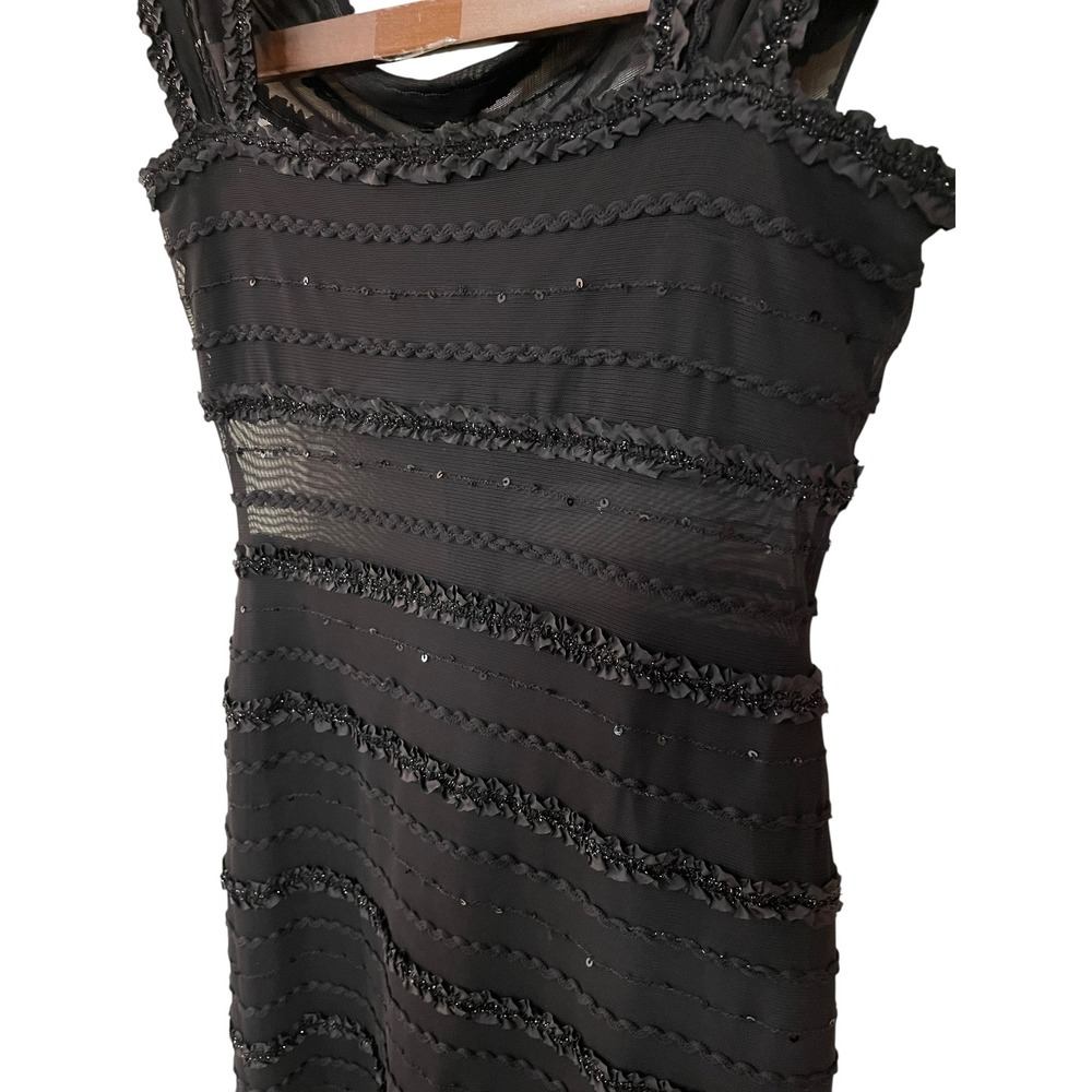 Tadashi Black Beaded Ruffle Tiered Sheer Mesh Bands Maxi Formal Dress Y2K Prom S - Picture 2 of 15